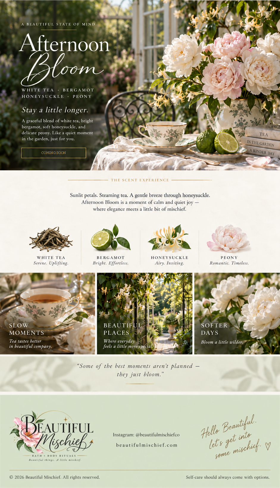 Approved Afternoon Bloom scent profile page artwork featuring a garden tea ritual with peonies, honeysuckle, bergamot, and fine china.