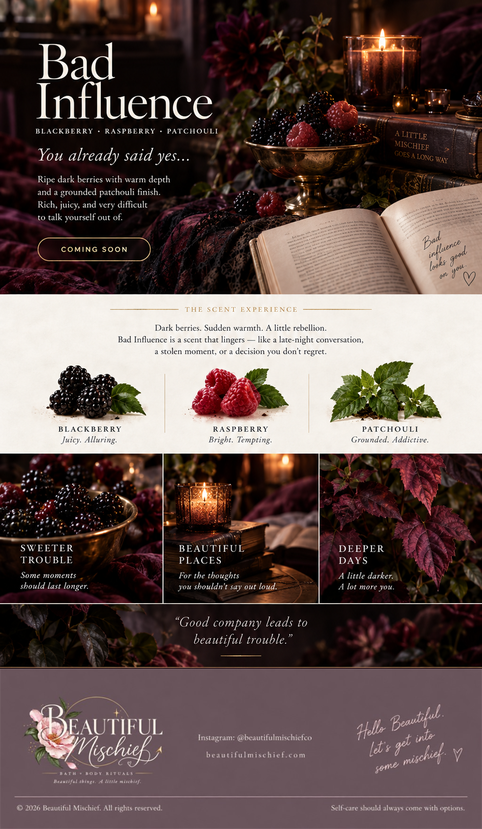 Approved Bad Influence scent profile page artwork featuring berries, patchouli, candlelight, velvet, books, and dark romantic atmosphere.