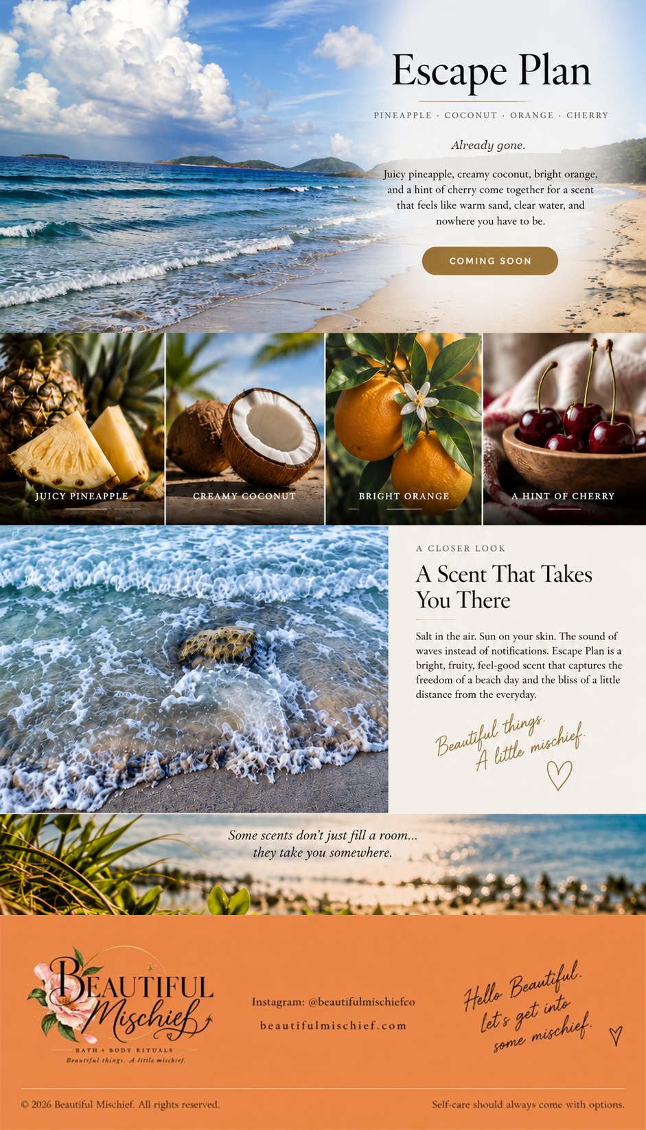 Approved Escape Plan scent profile page artwork featuring a real tropical beach, pineapple, coconut, orange, cherry, surf, and sunset.