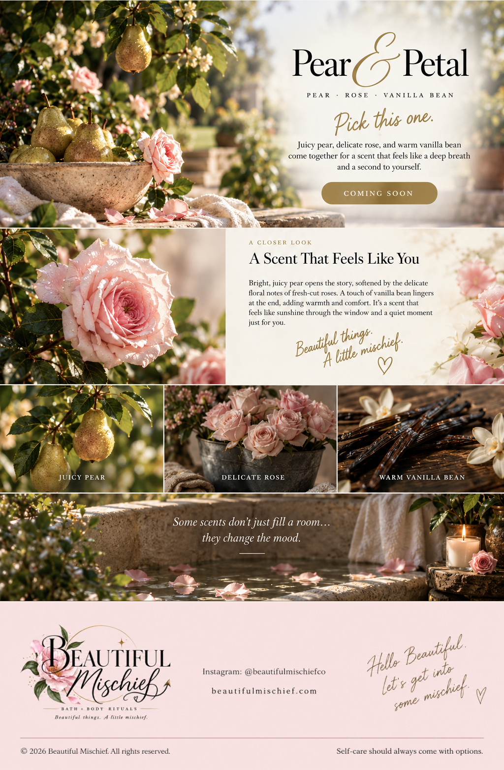 Approved Pear and Petal scent profile page artwork featuring ripe pears, fresh roses, vanilla bean, garden light, and a quiet bath scene.