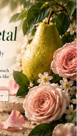 Green pears, pink roses, and soft garden light.