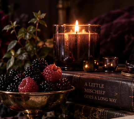 Blackberries and a raspberry in a gold bowl beside a lit candle and a leather-bound book.