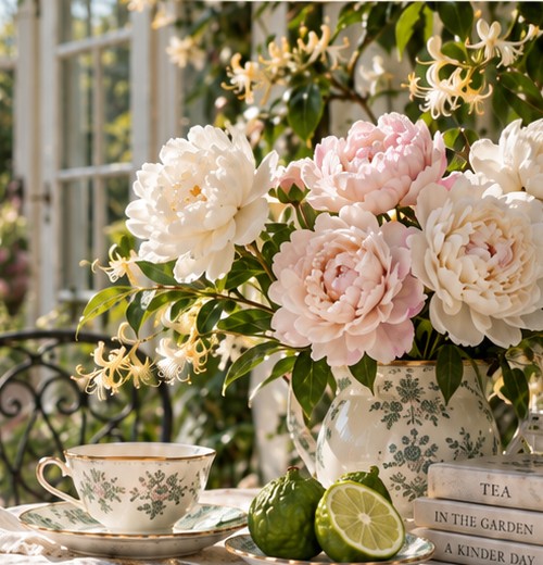 Pink and white peonies in a patterned pitcher beside a floral teacup, bergamot, and garden books.