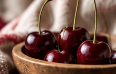 Dark cherries in a wooden bowl.