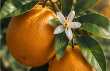Oranges on the branch with white blossoms.