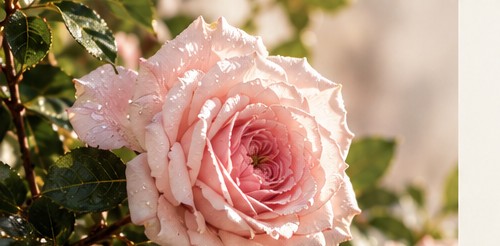 A dew-covered pink rose in close detail.