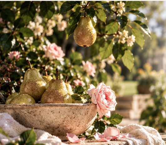 A stone bowl of ripe pears and pink roses on a garden ledge, with a pear hanging from the branch above.